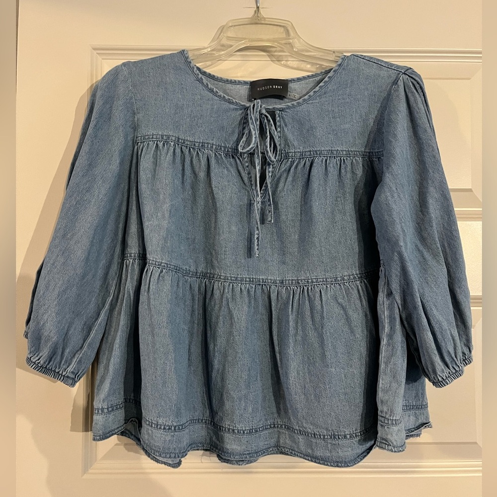 Hudson Gray Boutique Light Blue Denim Tiered Blouse